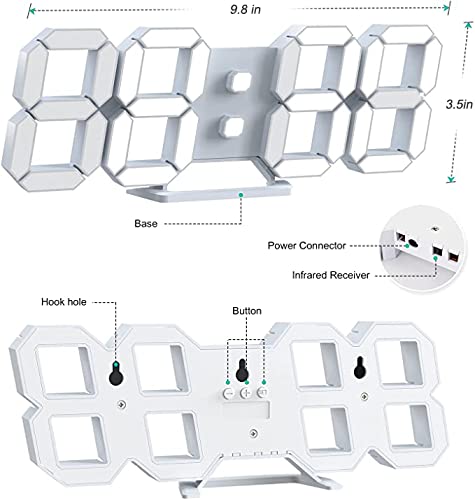 Led Digital Alarm, 3D Wall Clock Desk Auto Dimming 12/24 Hour Date Temperature Home Decor Remote Control Silent Snooze USB Nightlight Bedroom Living Room Kitchen Office 9.7inch Cool White