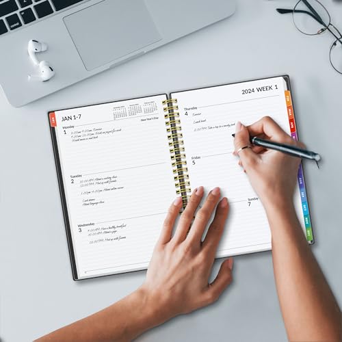 SUNEE 2024 Weekly and Monthly Planner - from January 2024 - December 2024, 6.4" x 8.3" Daily Agenda Planner with Monthly Tab, Flexible Cover, Note Pages, Pockets, Bookmark, Spiral Binding, Black