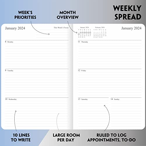 2023-2024 Academic Planner - Weekly and Monthly Planner, Holidays, Contacts and Notes Pages, Vegan Leather Cover, Elastic Closure, 5.5”x8.25”, Grey