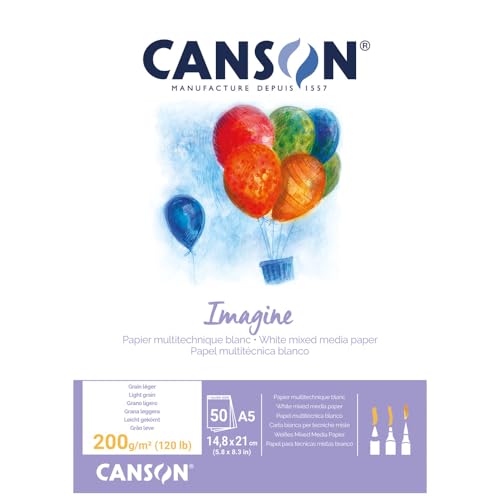 Canson Imagine Mixed Media 200gsm Paper, Natural White, A5 pad Including 50 Sheets