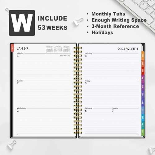 SUNEE 2024 Weekly and Monthly Planner - from January 2024 - December 2024, 6.4" x 8.3" Daily Agenda Planner with Monthly Tab, Flexible Cover, Note Pages, Pockets, Bookmark, Spiral Binding, Black