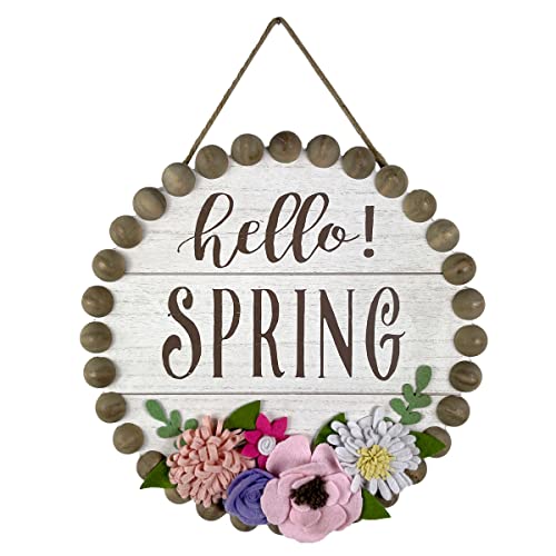 HOMirable Spring Decorations Hello Spring Wall Sign 3D Fabric Flowers Wall Plaque Rustic Farmhouse Wooden Decoration Round Vintage Hanging Signs Gift for Kitchen Living Dinning Room Bedroom 12" x 12"