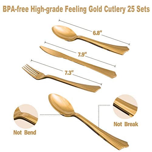 AIRE 350PCS White and Gold Plastic Dinnerware Set, Includes 9" Dinner Plates, 7" Dessert Plates, 9oz Cups, Napkins, Forks, Knives, Spoons