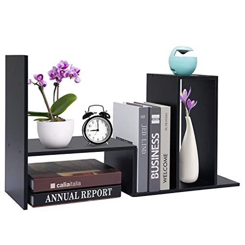 Hossejoy Wood Adjustable Desktop Storage Organizer Display Shelf Rack, Office Supplies Desk Organizer,Black