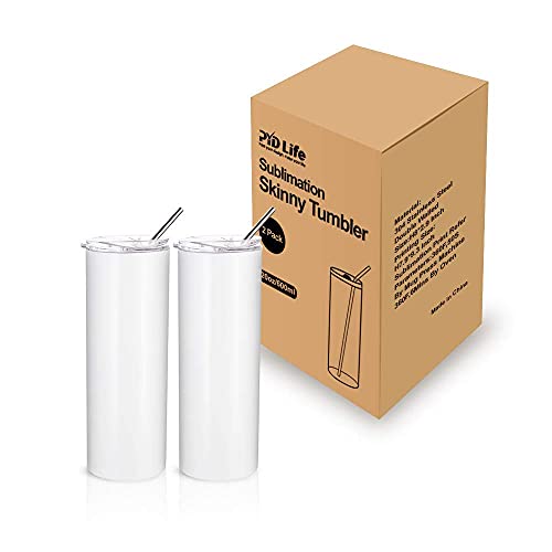 PYD Life 2 PCS Sublimation Blanks Skinny Tumbler White 20 OZ Straight Double Wall Stainless Steel Tumbler with Metal Straw Tumbler Cups for Tumbler Heat Press Machine Heat Transfer