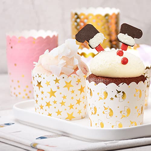 Party Hippo Cupcake Cups, 4.5 Oz 25 pcs Disposable Foil Muffin Liners, Gold Cupcake Baking Cups, Baking Cups (Gold Dots Pink)