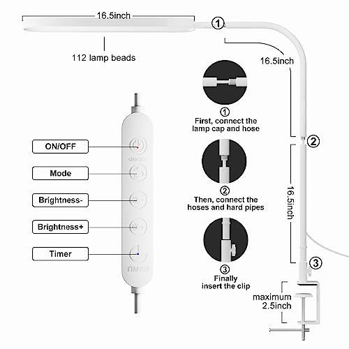 SKYLEO Desk Lamp for Office Home- 34" LED Desk Light - Touch Control - 5 Color Modes X 11 Brightness Levels - 1300ML(112 Pcs Lamp Beads) - Timmer & Memory Function - 12W Clip On Light - White