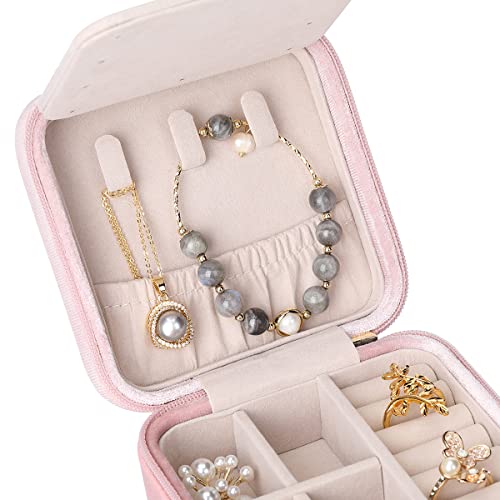 Vlando Small Travel Jewelry Box Organizer Display Case for Rings Earrings Necklaces Storage, Selected Soft Velvet, Letter J Engraved, Pink