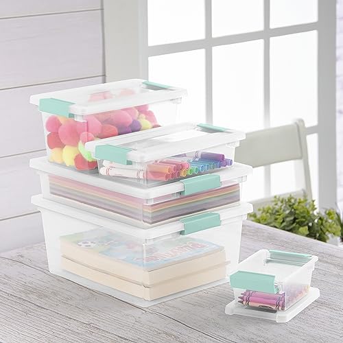Sterilite Small Clip Box Stackable Storage Bin with Latching Lid, for Home, Office, School, Organize Paper, Notebooks, Crafts, Clear Lid, Base, 6-Pack