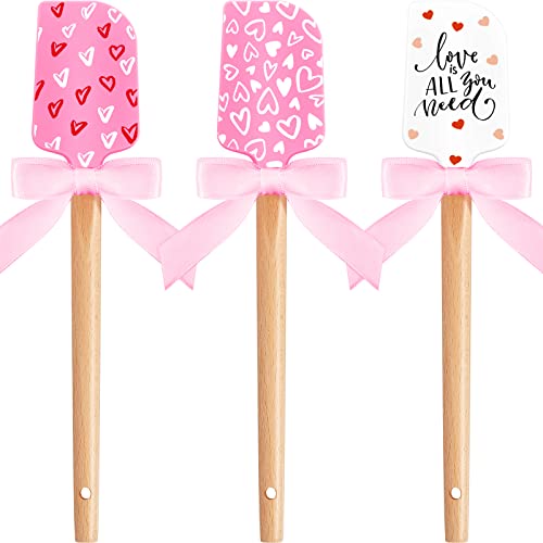 3 Pcs Valentine's Day Silicone Spatulas with Wooden Handles Valentine Pattern Heat Resistant Baking Spatulas Silicone Spatulas with Pink Satin Ribbon Bows for Baking, Cooking and Sauteing