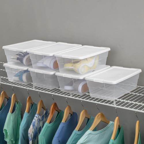 Sterilite 6 Qt Storage Box, Stackable Bin with Lid, Plastic Container to Organize Shoes and Crafts on Closet Shelves, Clear with White Lid, 12-pack