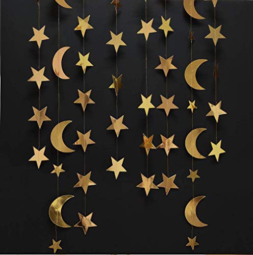 Decor365 Gold Star Moon Garland Hanging Garands Streamers Banner Backdrop for Twinkle Little Star Party Decoration First Birthday/Baby Shower/Wedding//Kids Room/Nursery/Ramadan EID/Graduation Decor