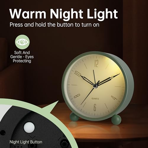 Analog Alarm Clock, 4 inch Super Silent Non Ticking Small Clock with Night Light, Battery Operated, Simple Design, Old Fashioned Style Sage Decor, for Bedroom, Bedside, Desk, Adult, Kid, Gift, Green