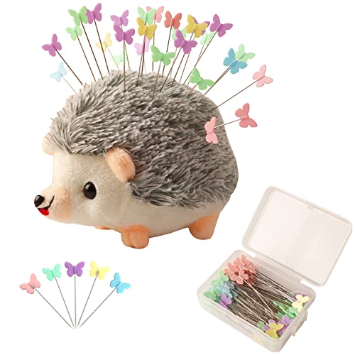 CICILIAYA Hedgehog Shape Pin Cushion, Cute Pincushions Sewing Kit Lovely Needle Cushions Pins Holder Sewing Accessories Supplies with 100Pcs Colored Butterfly Pins for Quilting DIY Crafts Patchwork