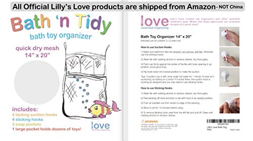 Lilly's Love Bath Toy Storage - Large 14 x 20 inch Bathtub Toy Holder + 2 Locking Hooks, Quick Dry & Easy for Kids to Put Bath Toys Away