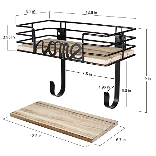 TJ.MOREE Ironing Board Hanger Wall Mount with Large Storage Wooden Base Basket and Removable Hooks (Black) For Laundry Room