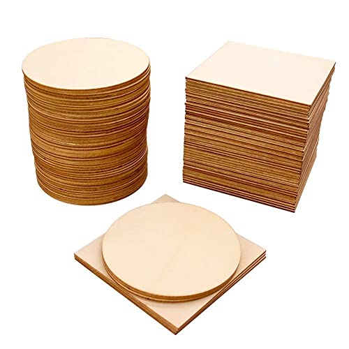 Wood Slices 100 Pcs of Unfinished Wood Chips 4x4 inch Blank Wood Chips for Handicrafts Home Decoration Wooden Coasters and DIY Crafts 50 Pcs Wood Squares and 50 Pcs Wood Circles