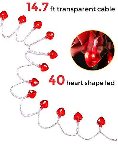 14.5ft 40LED Valentines Day Decorations String Lights, Heart Shape Hanging Garland Valentines Day Decor for Indoor Outdoor Home Room Party Wedding