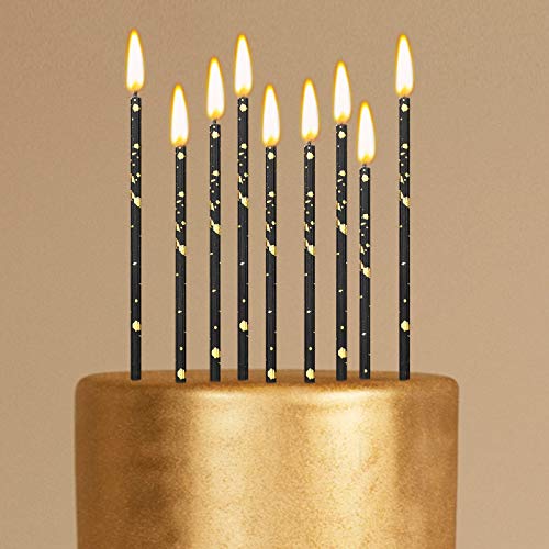 Threlaco 24 Pieces Birthday Candles Long Thin Cake Candle Cupcake Candles for Birthday Wedding Anniversary Graduation Retirement Party Decoration (Black Gold)