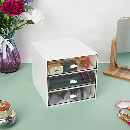 LETURE Desk Organizer with 3 Drawers, Clear Plastic Desk Storage Box, Desktop Organization for Office Supplies, Gel Pens, Pencils, Markers, Tape, Erasers, Paperclips, Chargers (White-3 Draws)