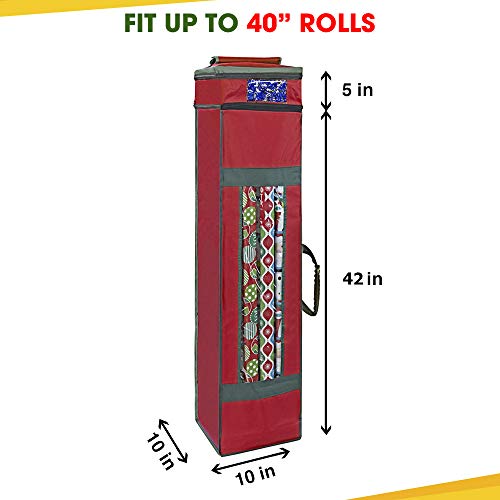 ProPik Wrapping Paper Storage Bag with Pocket and Handles Including Hanging Loop Heavy Duty Material with Clear Window 47 x 10 x 10 Inch Fits 40 Inch Long Rolls (Red, 1 Count)