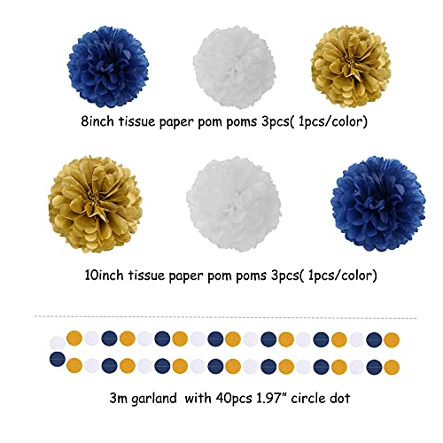 Navy Blue White Gold Party Decoration 23pcs Kits-Paper Flowers,Banner Flags,Circle Banner,Tassel Garland Birthday Bachelorette Boy Baby Shower Gender Reveal Graduation Decorations Lasting Surprise