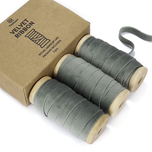 Vitalizart Dusty Green Velvet Ribbon Set 3/8"" x 15Yd Wooden Spool Fabric Trim Eco-Friendly 3 Rolls * 5Yd for Christmas Wreath Decoration Handmade Craft Ornaments Gift Wrapping & Bow Making