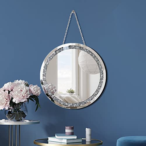 QMDECOR Crush Diamond 12 inch Wall-Mounted Mirrors with Iron Chain Home Decoration Round Silver Crystal Sparkling Decorative Mirror