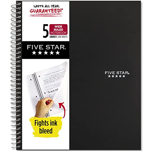 Five Star Spiral Notebook, 5-Subject, Wide Ruled Paper, Fights Ink Bleed, Water Resistant Cover, 8" x 10-1/2", 200 Sheets, Black (72045)
