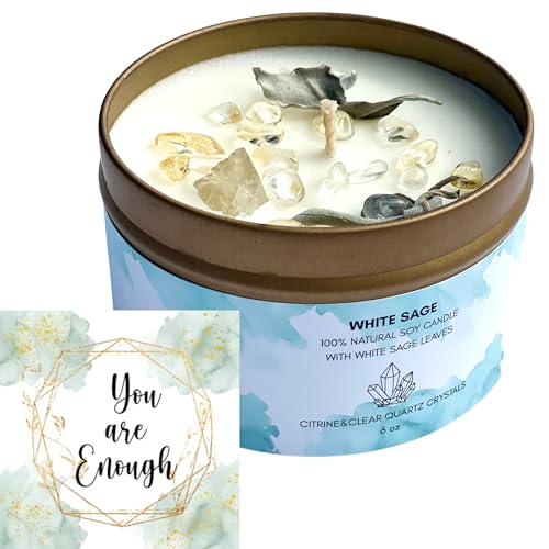 White Sage Smudge Candle with Citrine and Quartz Gemstone Crystals 100% Natural Soy Wax Scented with Essential and Fragrance Oils (White Sage)