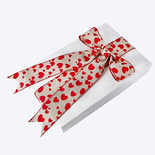 Red Heart Printed Valentine's Day Burlap Ribbon Wired Edge Ribbon- 2.5" x 5.5 Yards