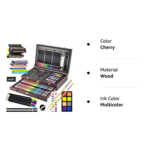 Sunnyglade 145 Piece Deluxe Art Set, Wooden Box & Drawing Kit with Crayons, Oil Pastels, Colored Pencils, Watercolor Cakes, Sketch Pencils, Paint Brush, Sharpener, Eraser, Color Chart (Cherry)