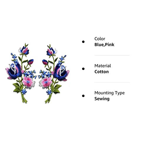 ReNext Pink blue roses pair flowers floral bouquet boho embroidered appliques iron-ons patches new