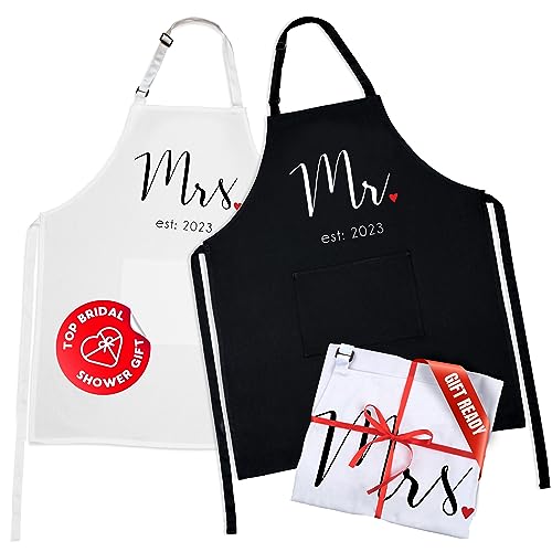 Prazoli His and Her Aprons - Mr Mrs Established 2023 Couples Engagement Gift, Cute Bridal Shower Gift Anniversary Wedding Registry Items & Decoration, Housewarming Gifts For New Home Newlywed Gift