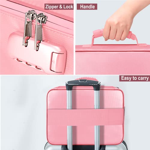 File Organizer Bag with Lock,DocSafe Fireproof Document Bag with Water-Resistant Zipper,3-Layer Portable Travel Home Office Filing Storage Safe Bag for Files,Cash,Laptop,Passport,Certificates,Pink