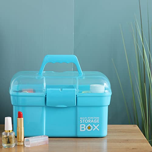 Kinsorcai 11'' Plastic Storage Box with Removable Tray, Multipurpose Organizer and Storage Case for Art Craft and Cosmetic (Blue)