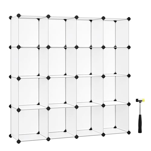 SONGMICS Cube Storage Organizer, Set of 16 Plastic Cubes, Book Shelf, Closet Organizers and Storage, Room Organization, Shelving for Bedroom Living Room, 12.2 x 48.4 x 48.4 Inches, White ULPC44L