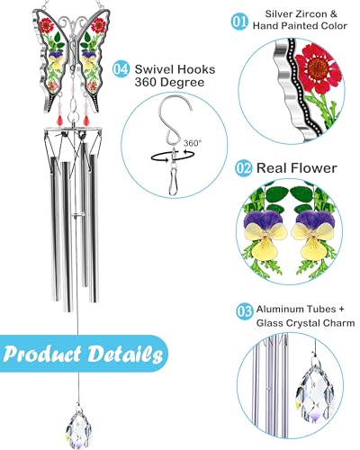 KY&BOSAM Wind Chimes Butterfly Wind Chimes for Outside Real Flower Outdoor Windchimes Gifts for mom Grandma Birthday Nana Gifts Garden Balcony Home Décor Wind Chimes with S Hook Memorial Wind Chimes