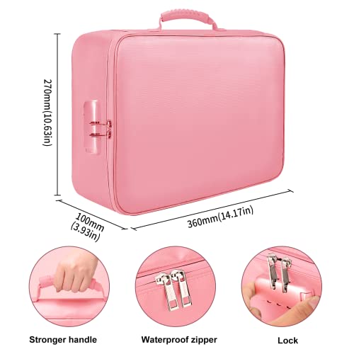 File Organizer Bag with Lock,DocSafe Fireproof Document Bag with Water-Resistant Zipper,3-Layer Portable Travel Home Office Filing Storage Safe Bag for Files,Cash,Laptop,Passport,Certificates,Pink