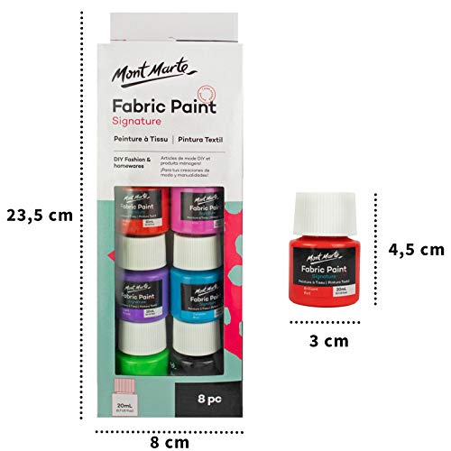 Mont Marte Permanent Fabric Paint Set 8 x 20ml Vivid Colours for Textile, Fabric, T-Shirt, Canvas, Wood, Ceramic, Glass