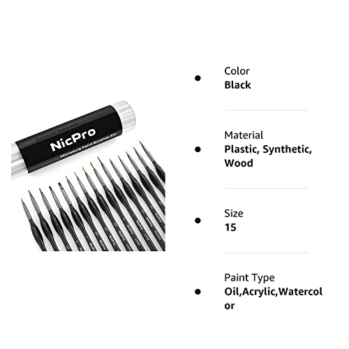 Nicpro Micro Detail Paint Brush Set,15 PCS Black Small Professional Miniature Fine Detail Brushes for Watercolor Oil Acrylic, Craft Models Rock Painting & Paint by Number -Come with Holder Bag