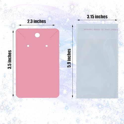 Twavang Pink Earring Cards for Selling Set with 100Pcs Earring Display Cards, 200 Pcs Earring Backs and 100Pcs Jewelry Packaging Bag for Earrings Necklace Jewelry Display (3.5" x 2.3" Inches)