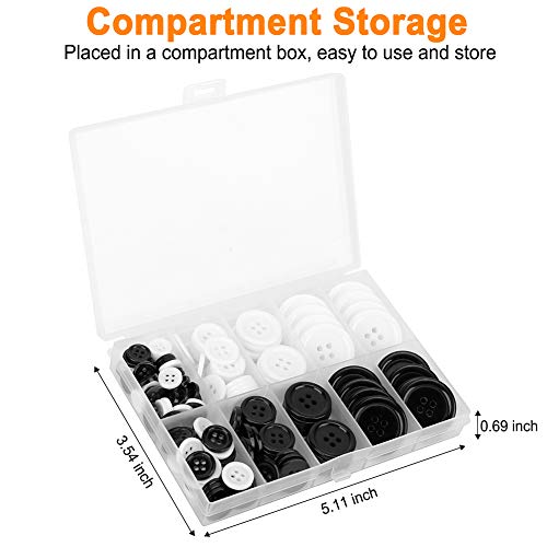 Mixed Sewing Buttons 160Pcs, Round Black 4-Hole Craft Buttons, 5 Sizes White Resin Button, with Separate Compartment Storage Box, Suitable for Sewing, Craft Projects and Holiday Decoration