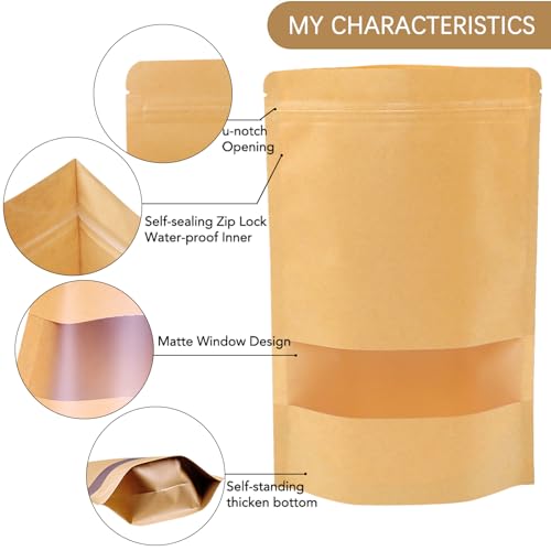 Moretoes Stand Up Pouches, Kraft Paper Bags with Window for Coffee, Brown Resealable and Ziplock Stand Up Bags for Home or Business, 7×10 Inches for Packaging, 72pcs