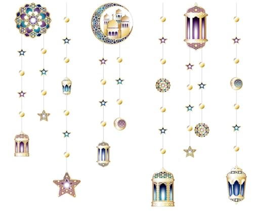 Decor365 Purple Blue Gold Ramadan Mubarak Garland Kit Lantern Crescent Moon Star EID Party Decoration Hanging EID Banner Streamer Decorations Islamic Birthday Bday Wedding Party Supplies