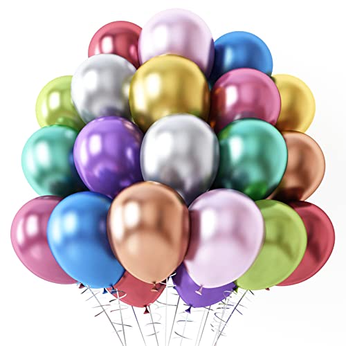 RUBFAC 100pcs Metallic Rainbow Balloons, 12 Inches 10 Assorted Colors Metallic Party Balloons for Birthday Graduation Carnival Baby Shower Wedding Decorations