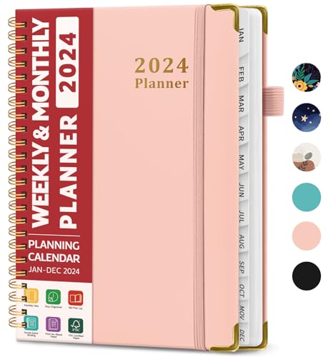 2024 Planner - Weekly and Monthly Planner Spiral Bound, Jan 2024 - Dec 2024, A5 (6.7" x 8.6"), Planner 2024 with Tabs, Inner Pocket, Helps To Keep Track Of Tasks - Pink