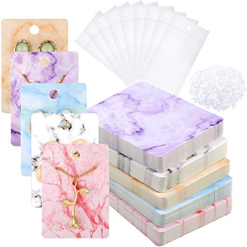 900 Pcs Marble Earring Necklace Display Card Holder for Selling, 250 Pcs 5 Colors Jewelry Display Cards 150 Pcs Self Seal Bags and 500 Earring Back for Jewelry Packing, 2 x 2.8 Inches (Marble)