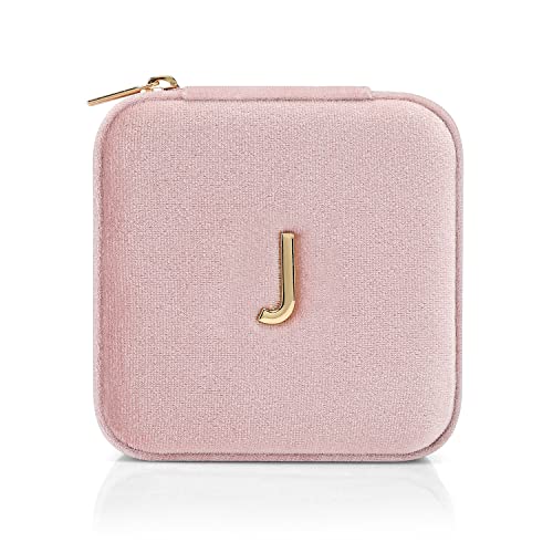 Vlando Small Travel Jewelry Box Organizer Display Case for Rings Earrings Necklaces Storage, Selected Soft Velvet, Letter J Engraved, Pink