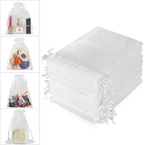 WenTao 100PCS 4x6 (10x15cm) White Sheer Organza Bags for Wedding Favor With Drawstring, Premium Jewelry Pouches Party for Festival Gift ,Candy , Fruit Protection